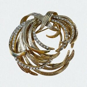 Vintage Monet Gold Tone Etched Swirl Rhinestone Brooch Signed BEAUTY